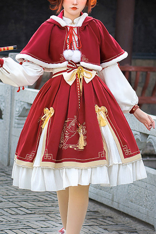 Red Chinese New Year Golden Crane Print Long Sleeve Sweet Lolita OP Dress