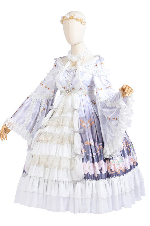 White/Purple Hanayome Cardigan High Waisted Trumpet Sleeves Multi-Layer Ruffled Sweet Lolita OP Dress