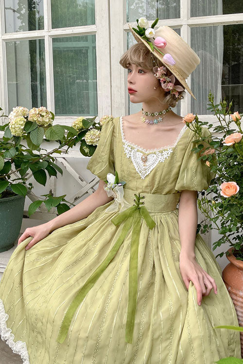 Green Elegant Vintage Square Collar Short Sleeves Multi-Layer Ruffled Classic Lolita OP Dress