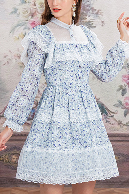 Blue Chiffon Stand Collar French Lace Floral Embroidered Trumpet Long Sleeves Ruffled Sweet Lolita OP Dress