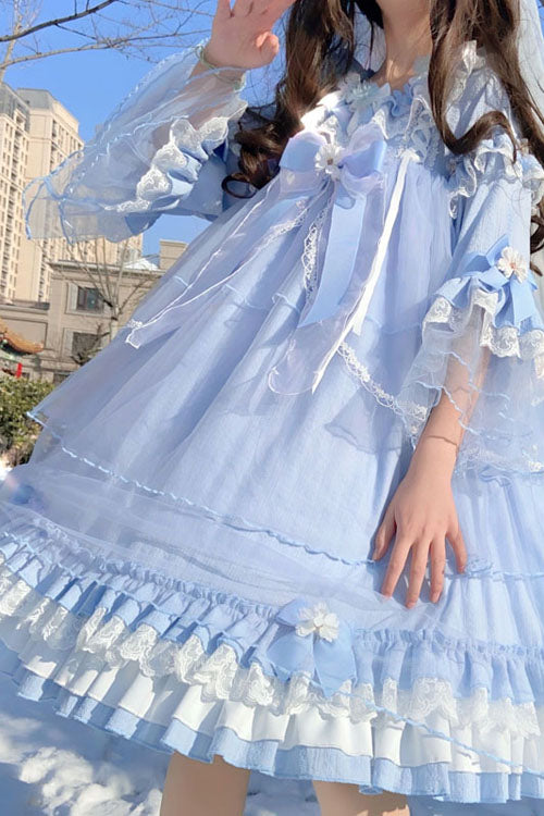 Blue Bowknot Trumpet Sleeves Multi-Layer Ruffled Sweet Lolita OP Tiered Dress