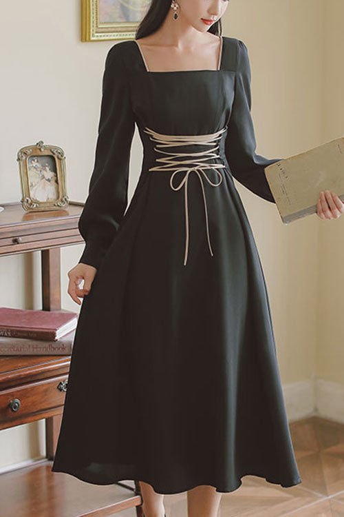 Black Solid European Manor Square Collar Long Sleeves High Waisted Classic Lolita OP Dress