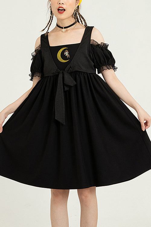 Black Puff Short Sleeve High Waisted Two Ways To Wear Before And After Sweet Lolita Dress