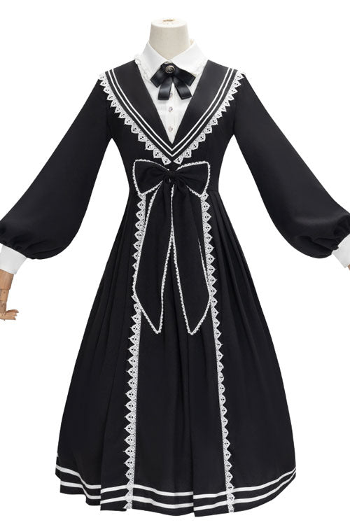 Black Elegant Bowknot Long Sleeves College Style Gothic Lolita Dress