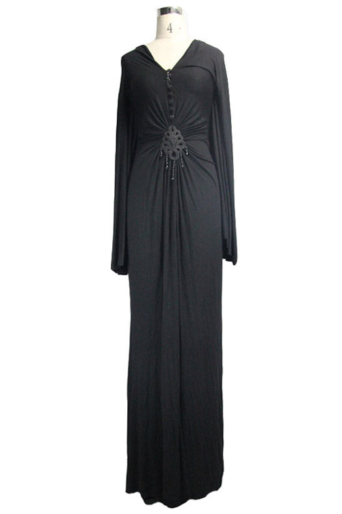 Black Frog Button Sexy Bat Sleeve Deep V Neck Gothic Womens Dress