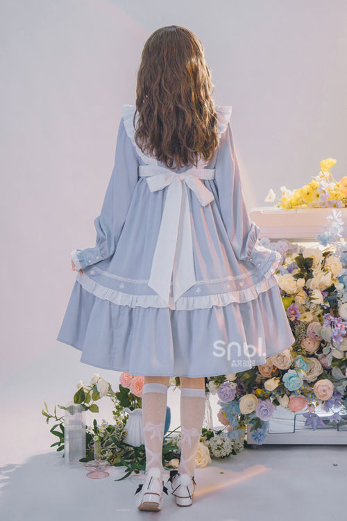 Blue Doll Collar Single Breasted Princess Sleeves High Waist Magic Playing Cards Sweet Lolita OP Dress