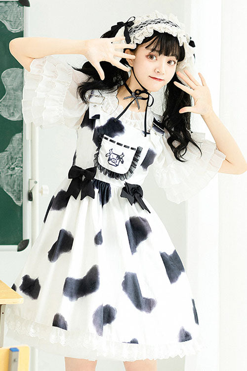 White Cow Pattern Print Bowknot Ruffled Sweet Lolita JSK Dress