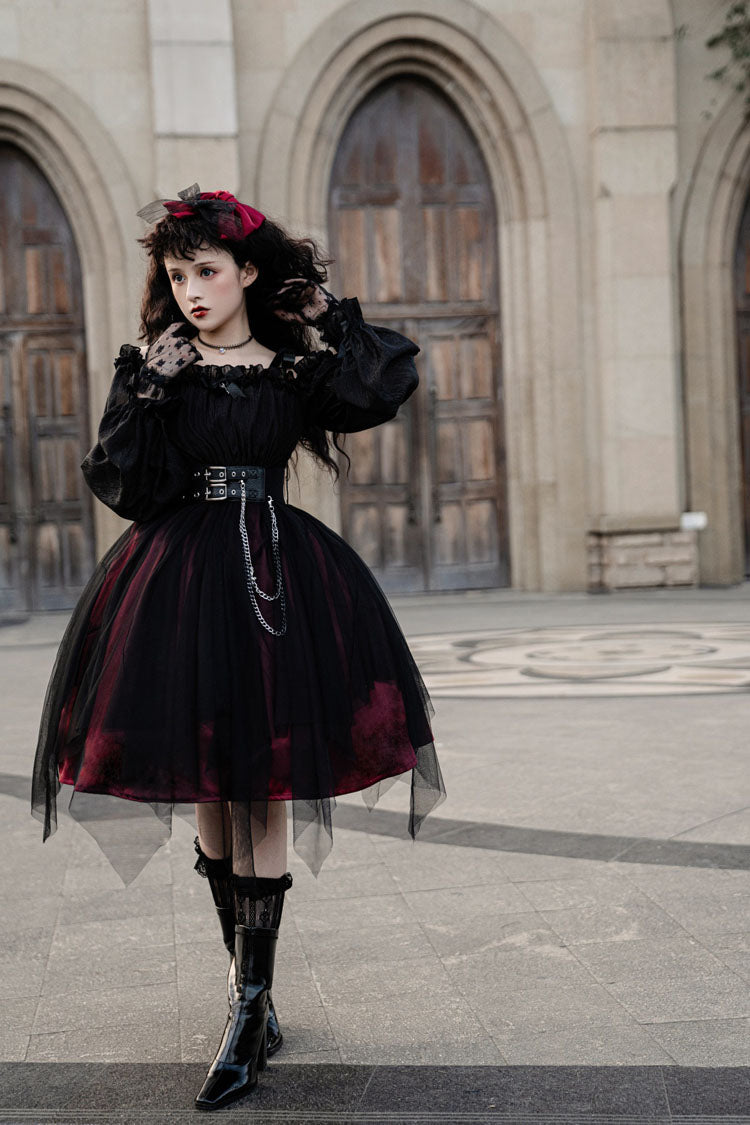 Black Boat Neck Metal Chain Organza Stitching Gothic Lolita OP Dress (Short Version)