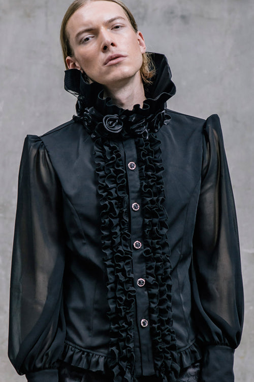 Black High Collar Lace Up Dovetail Hem Mens Gothic Blouse
