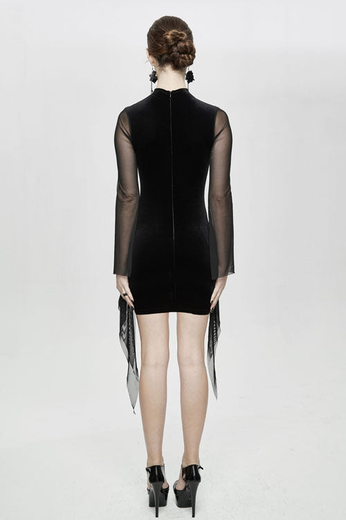 Schwarzes durchscheinendes, besticktes, ausgestelltes Ärmelkleid aus sexy Samt im Gothic-Stil für Damen