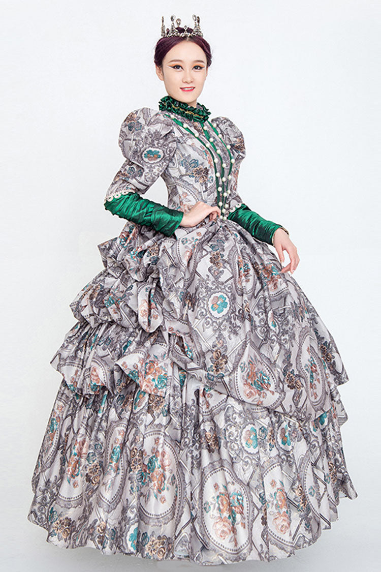 Gray Long Sleeves High Collar Embroidery Floral Print Wave Fold Victorian Lolita Prom Dress