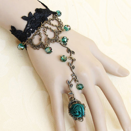 Retro Mode Persönlichkeit Schwarz Spitze Grün Künstliche Kristall Rose Blume Weibliche Lolita Ring Armband