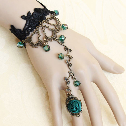 Retro Fashion Personality Black Lace Green Artificial Crystal Rose Flower Female Lolita Ring Bracelet