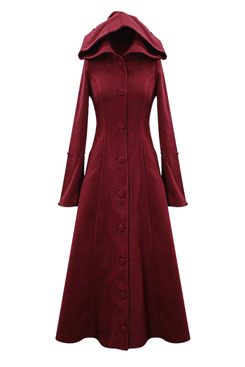 Red Gothic Party Woolen Hooded Sexy Women Long Coat
