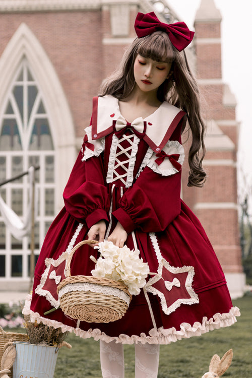 Round Collar Chiffon Ruffled Lantern Sleeves Pentagram Embroidered High Waisted Sweet Lolita OP Dress