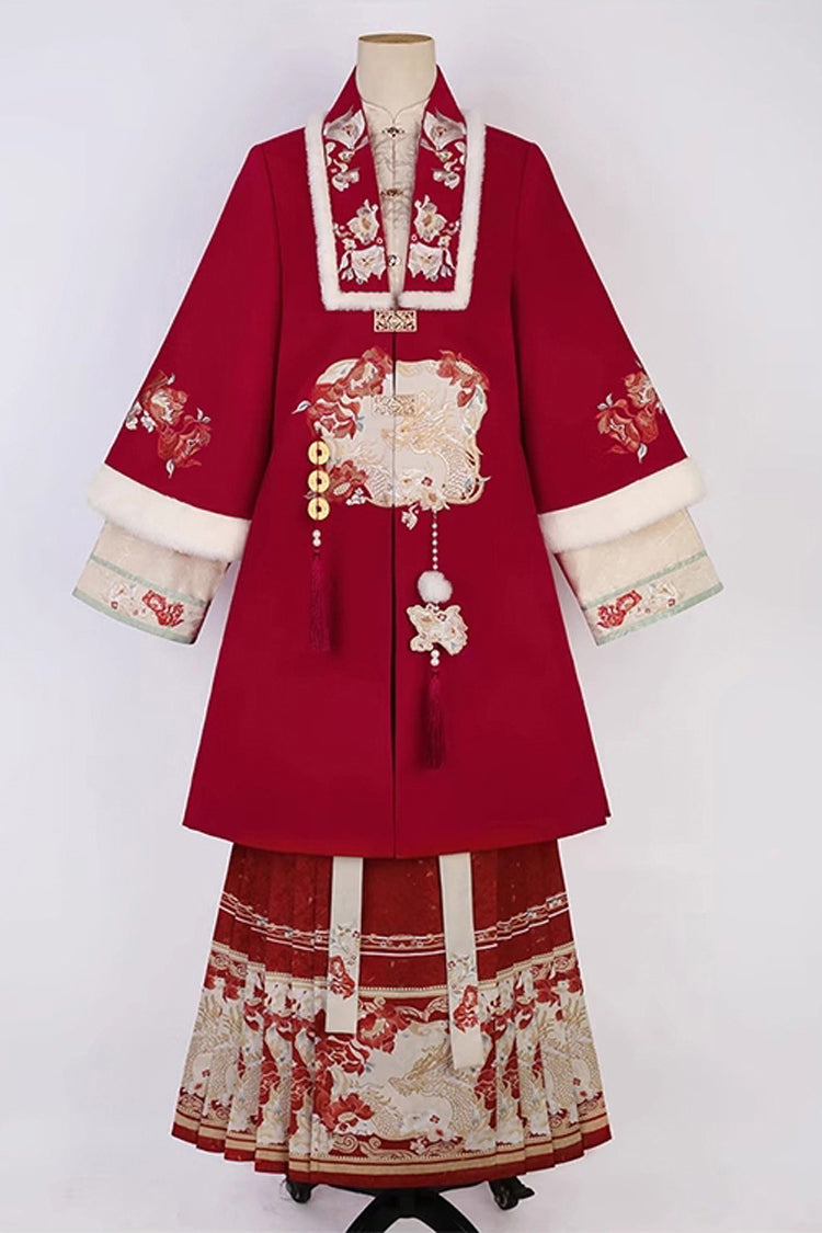 Red Classic Chinese Style V Collar Embroidery Long Sleeves Womens Hanfu Three Piece