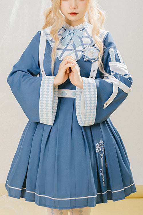 Blue Retro Trumpet Sleeves Alice Detective Sweet Lolita OP Dress