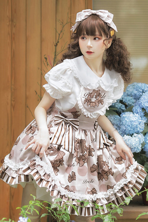 Brown Chocolate Wreath Print Sweet Lolita Strap Dress