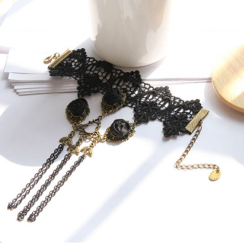 Black Retro Fashion Rose Flower Lace Tassel Female Gothic Lolita Ring Bracelet