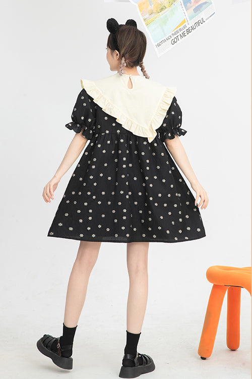 Black Ruffled Splicing Round Collar Bubble Short Sleeves Floral Print High Waisted Sweet Lolita Dress