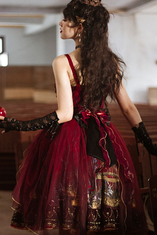 Red Decaying Forest Round Collar Bowknot Ruffled Classic Lolita JSK Dress