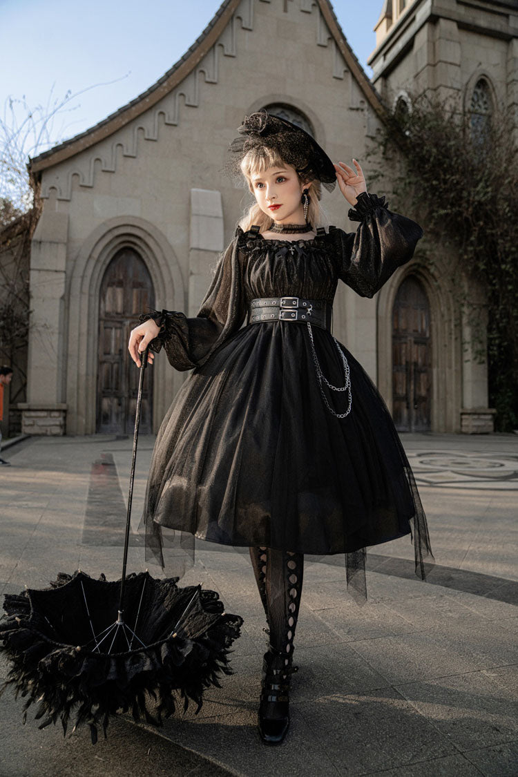 Black Square Collar Metal Chain Organza Stitching Gothic Lolita OP Dress (Short Version)