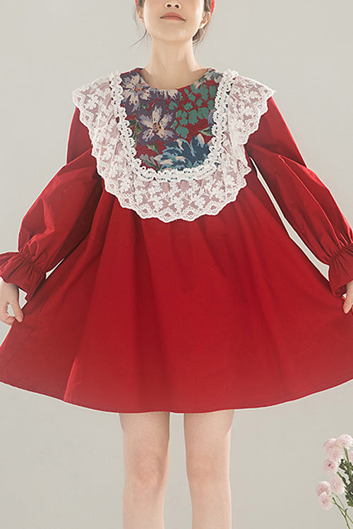 Red Lace Panel Round Collar Ruffled Long Sleeves High Waisted Sweet Lolita OP Dress