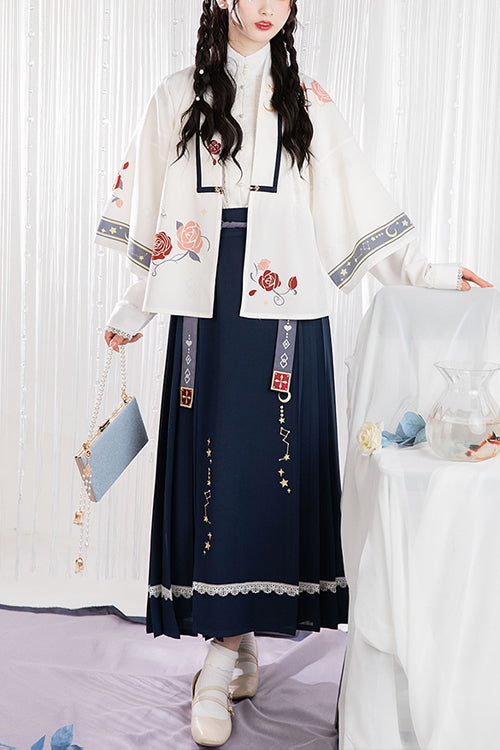 Original Daily White Moonlight Chinese Style Ming Dynasty Cardigan Top High Waisted Short Skirt Sweet Hanfu Full Set