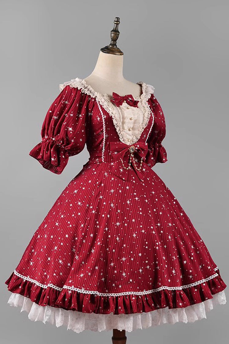 Midsummer Galaxy Shiny Star Print Short Sleeves Ruffle Bowknot Sweet Lolita OP Dress