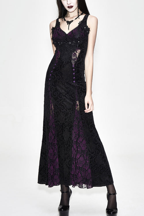 Gothic Nipped Waist Schwarz mit lila langem Rosenspitzen-Damenkleid