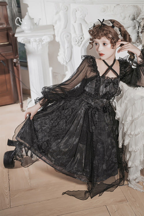Black Ruffled Strap Mesh Lantern Sleeves High Waisted Irregular Hem Gothic Lolita OP Dress