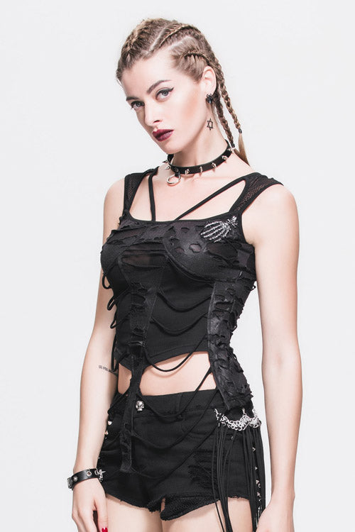 Black Sexy Torn Striped Lace Up Mesh Punk Women T-Shirt With Ghost Claw