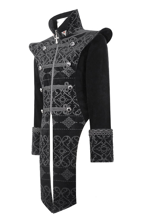 Black High Collar Chinese Palace Floral Pattern Velvet Long Mens Gothic Coat