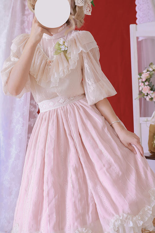 ピンクのエレガントなヴィンテージチューリップ多層フリルクラシックロリータスカートドレス
