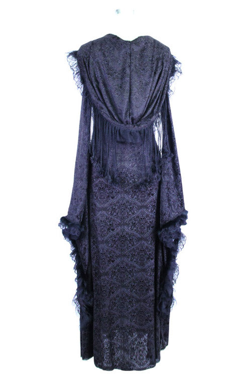 Black Gothic Big Cuffs Stretchy Floral Off The Shoulder Hooded Long Womens Dress
