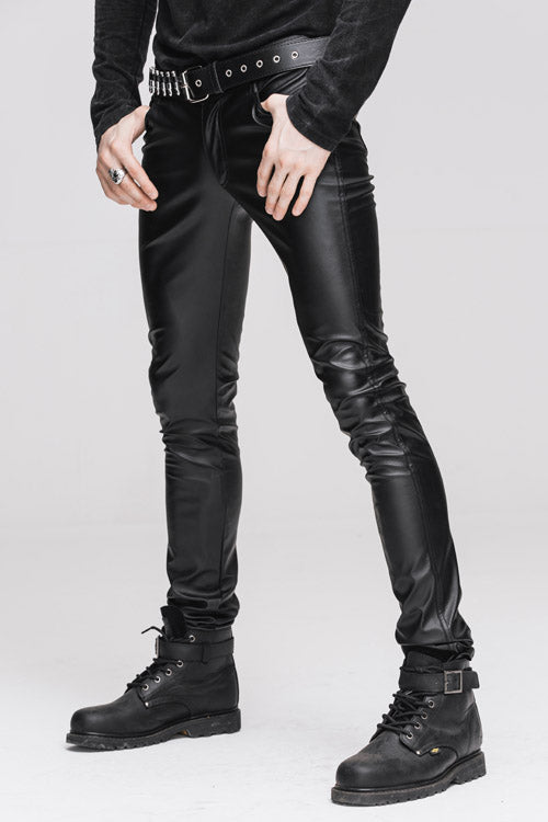 Black Wear Synthetic Leather Basic Model Punk Tight Mens Pants