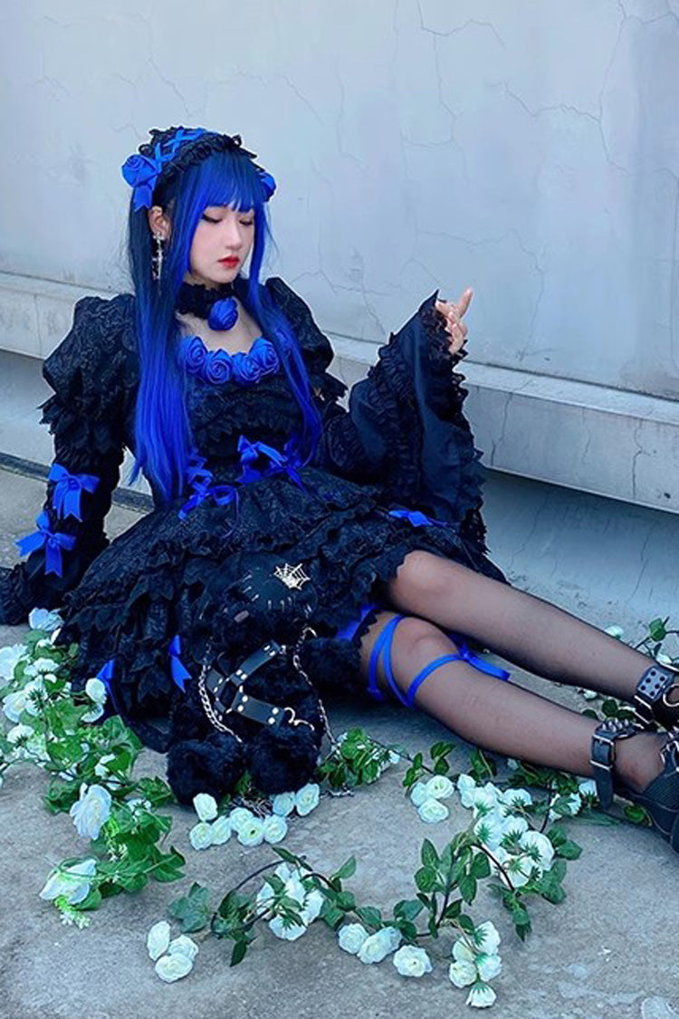Black/Blue Puff Short Sleeves Princess Gothic Lolita Tiered Dress
