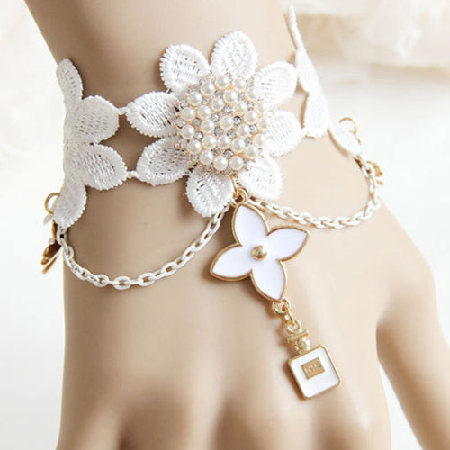 White Wrist Flower Lace Pearl Tassel Bridesmaid Bride Lolita Bracelet Wedding Dress Prom Accessories