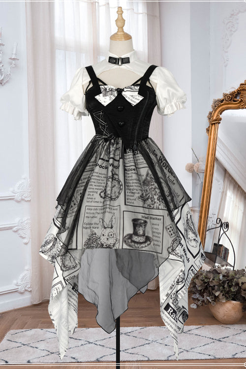 Black Fake Two Pieces Vintage Printed Irregular Hem Classic Lolita Dress