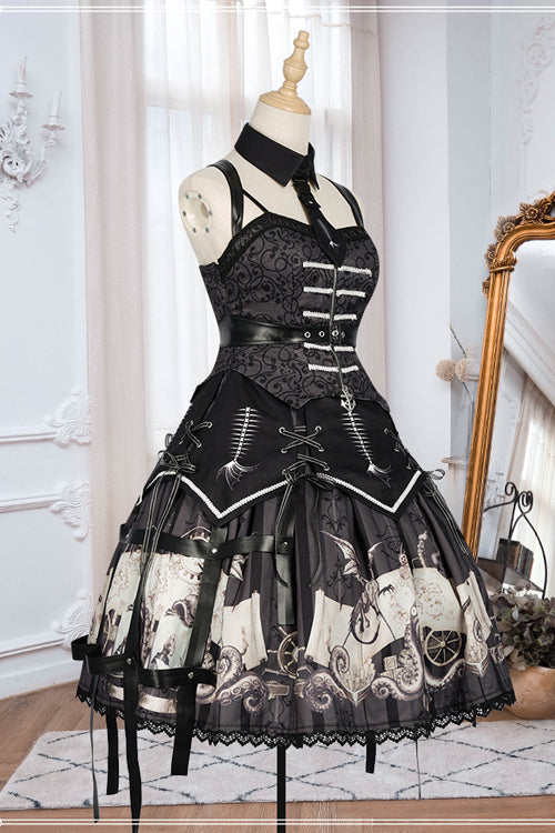 Black New Pirate Ship Print Full Set Gothic Lolita JSK Dress