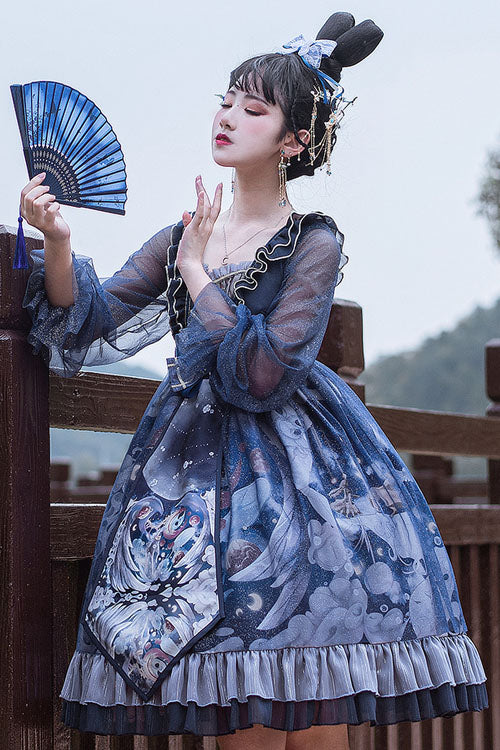 Dark Blue Unicorn Print Long Sleeves High Waisted Ruffled Classic Lolita OP Dress