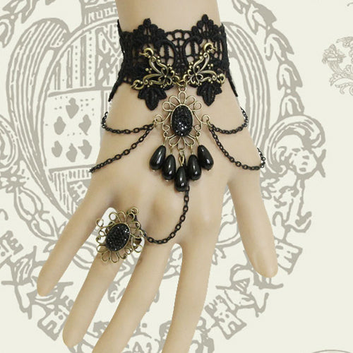 Black Vintage Lace Pearl Flower Fashion Festival Gothic Lolita Ring Bracelet