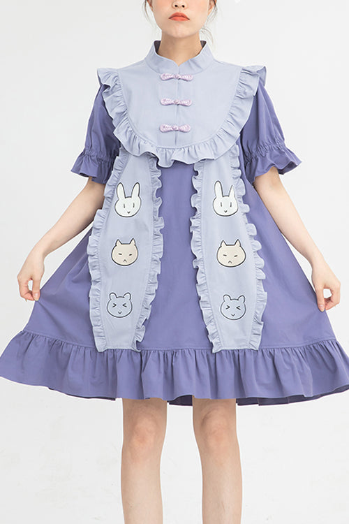 Purple Chinoiserie Button Stand Collar Short Sleeves Ruffled Cute Rabbit Ears High Waisted Sweet Lolita Dress
