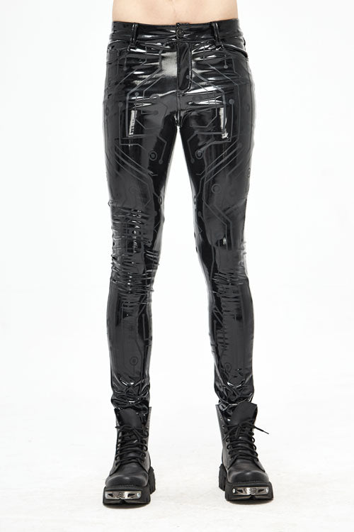 Black Punk Circuit Printed High Quality Stretchy Leather Tight Mens Pants