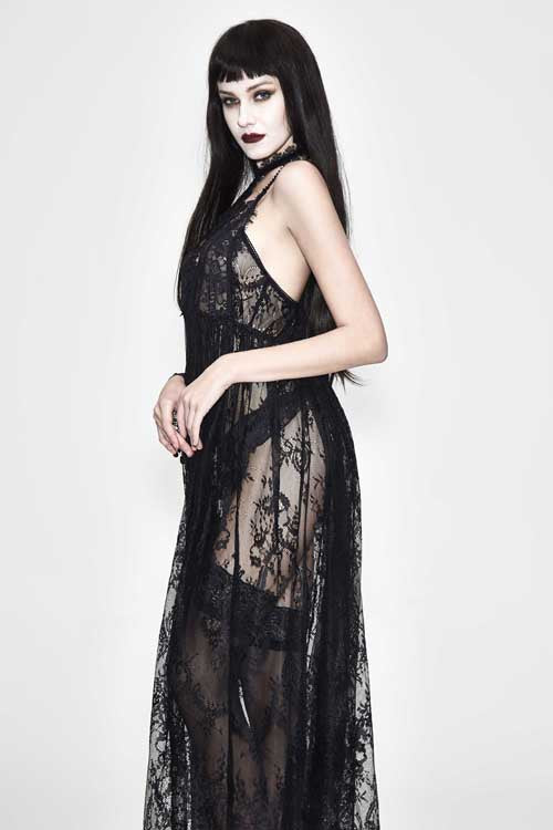 Black Mysterious Night Transparent Lace High Waist Sexy Halter Long Gothic Womens Dress