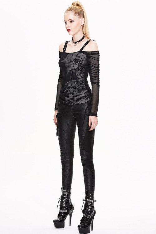 Black Skull Print Long Sleeves Drawstring Halter Cotton Women Punk T-Shirt