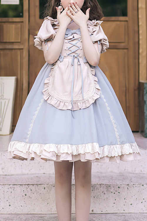 Round Collar Puff Doll Short Sleeves High Waist Bowknot Sweet Lolita Op Dress