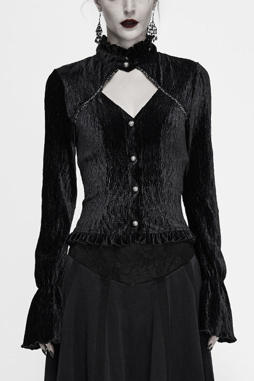 Black Velvet Lantern Sleeves Swallowtail Womens Gothic Blouse