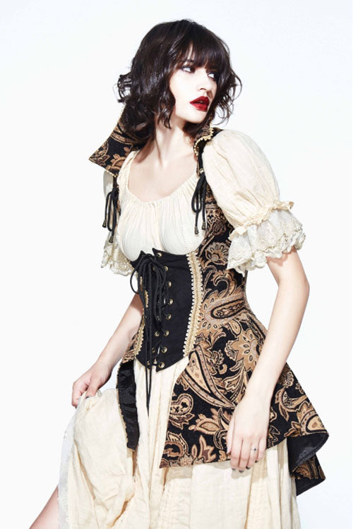 Brown Paisley Print Jacquard Bare Breast Lace Up Gothic Corset