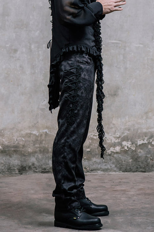 Black Side Discoid Flowers Back Waist Lace Up Gothic Jacquard Mens Pants